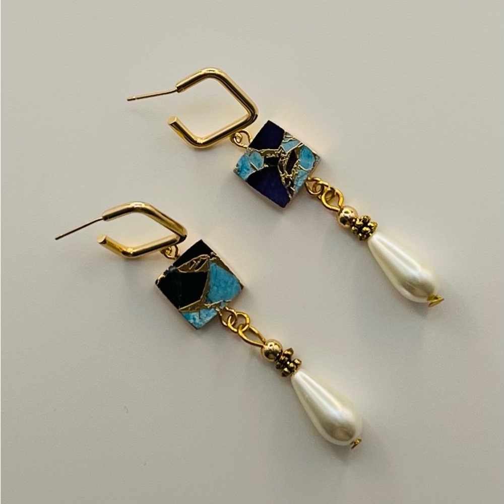 Purple and Turquoise Dangle Earrings with Faux Pearl Accents